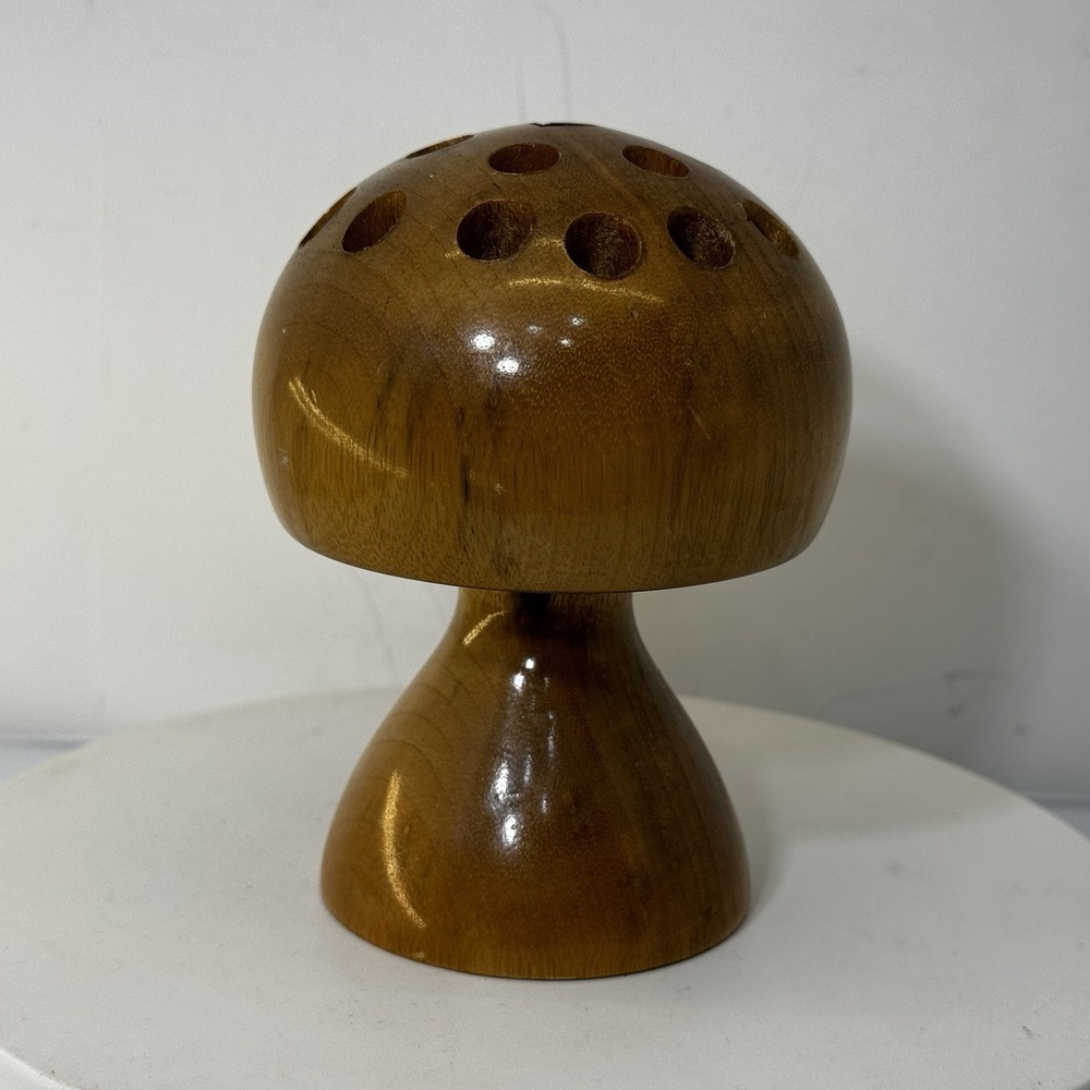 Vtg Hargrove & Sons Oregon Myrtlewood Wooden Mushroom Flower Frog Pen Holder?
